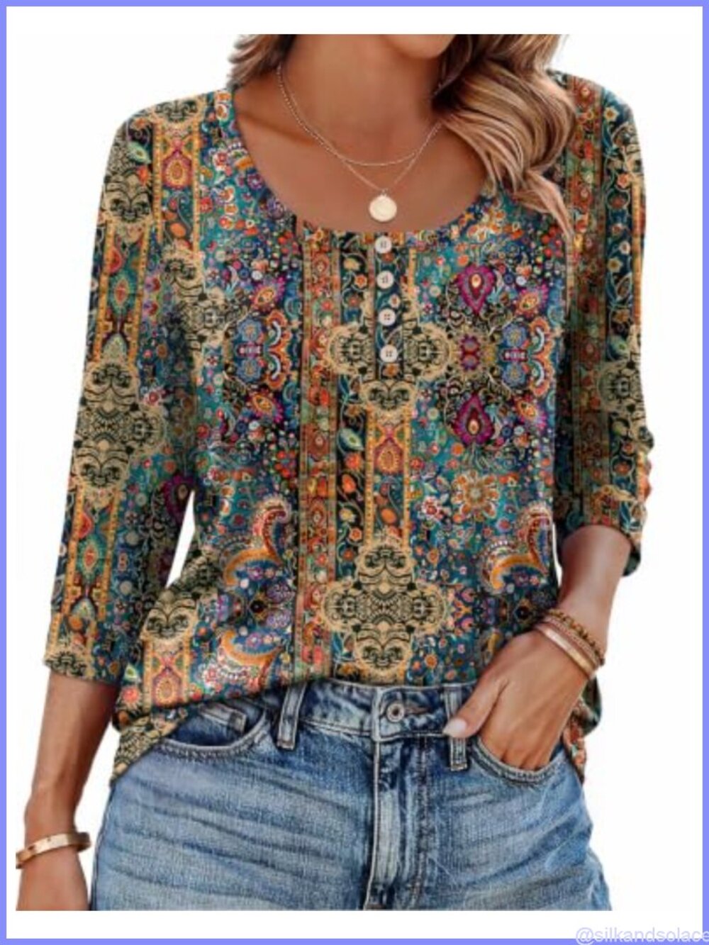 Ekouaer Womens 3/4 Sleeve Blouse Scoop Neck Henley Buttons Dressy Casual Top